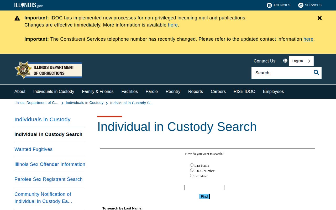 Illinois Department of Corrections state custody search for Saline County record research