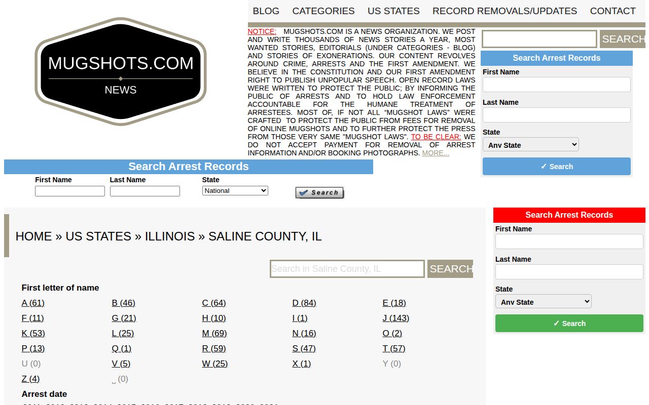 Unofficial historical Saline County Illinois mugshot index search page